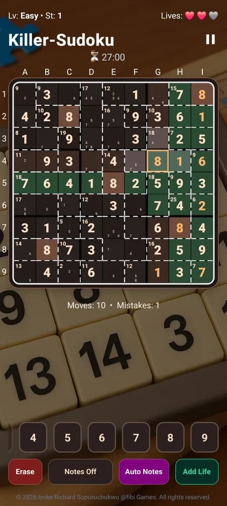 Killer Sudoku in the app on an Android phone